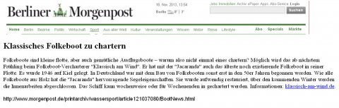 Berliner Morgenpost über "Jacaranda" - das neue Folkeboot von klassisch am wind, November 2013